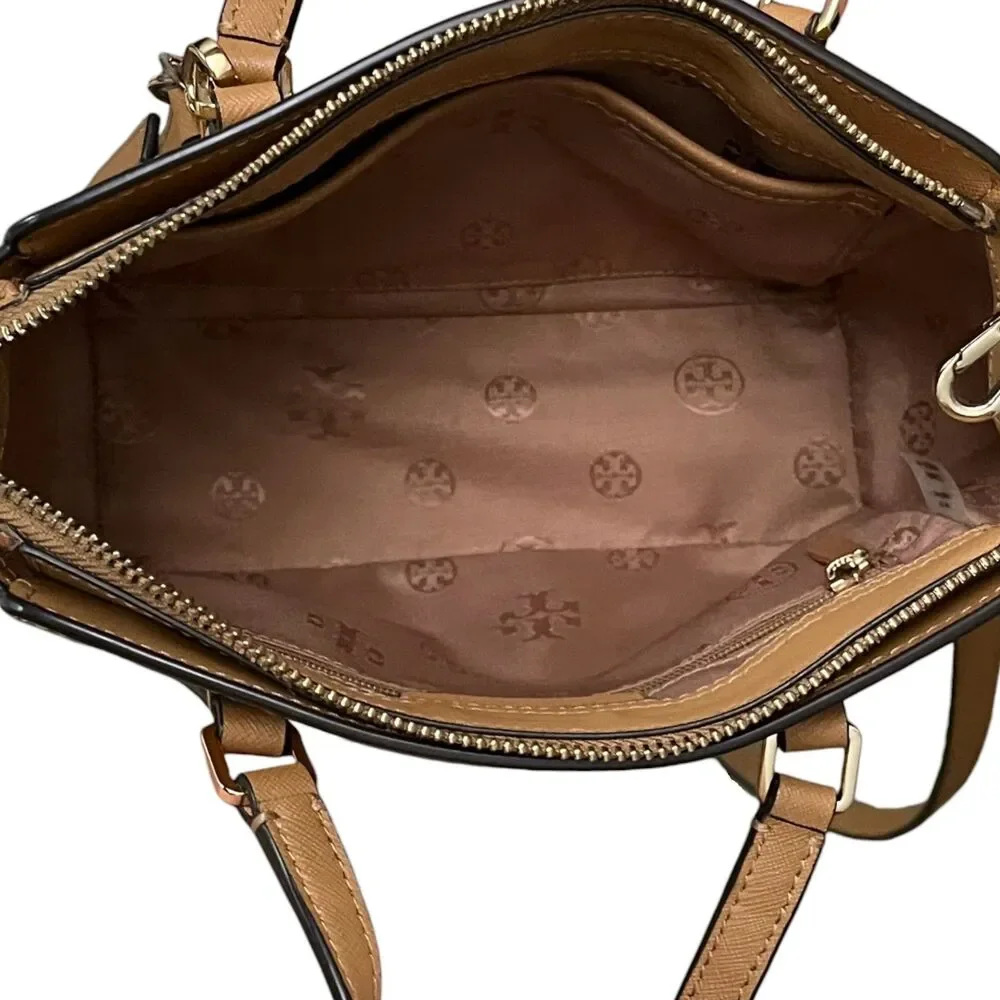 Tory Burch Emerson Mini Top Zip Tote Saffiano Leather Camel Crossbody Satchel